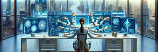 DALL·E 2024-02-09 13.58.32 - Imagine a scene inside a spacious and bright futuristic office. In the center, there is a woman with ten arms sitting at a large desk, each hand exper.png